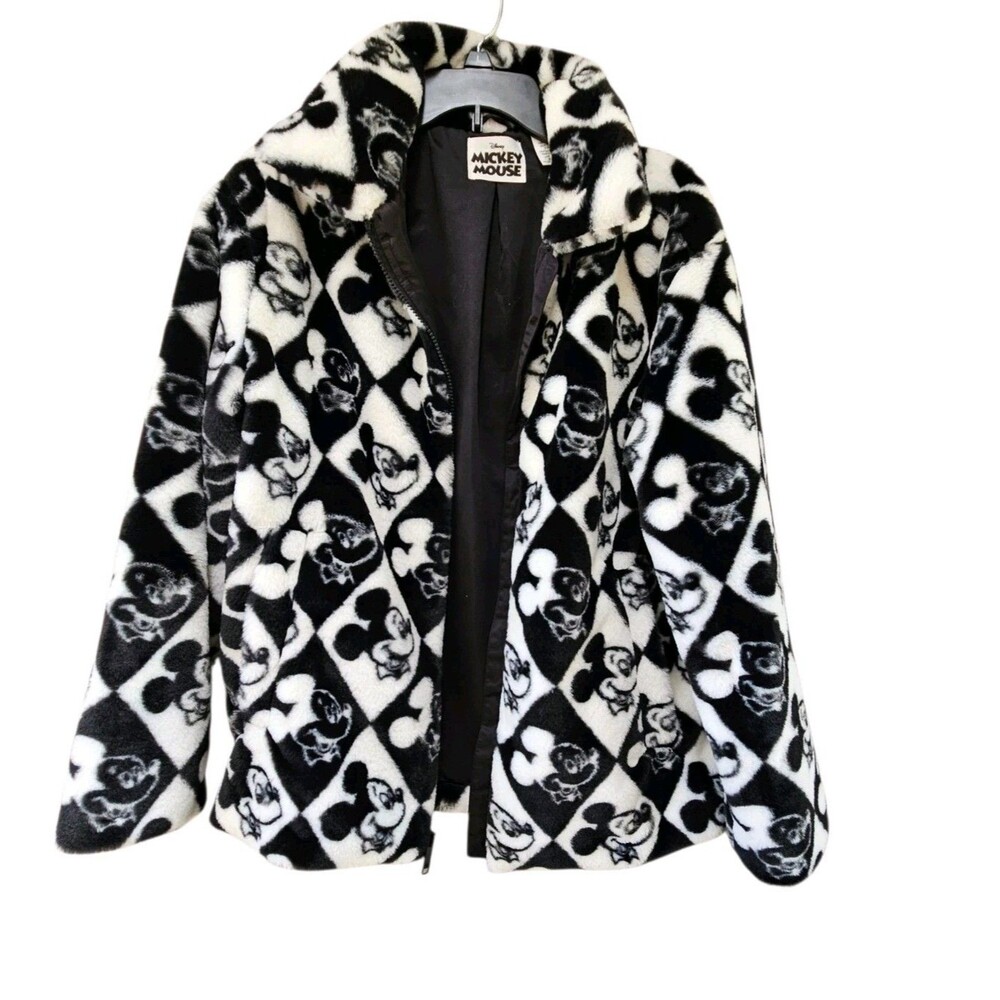 Disney Mickey Mouse Faux Fur Jacket XS Black & White Full Zip Oversized Rare